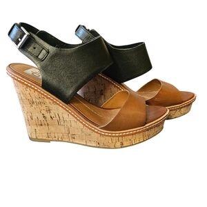 DV by Dolce Vita Black & Cognac Leather Cork Platform Wedge Sandals Sz 9